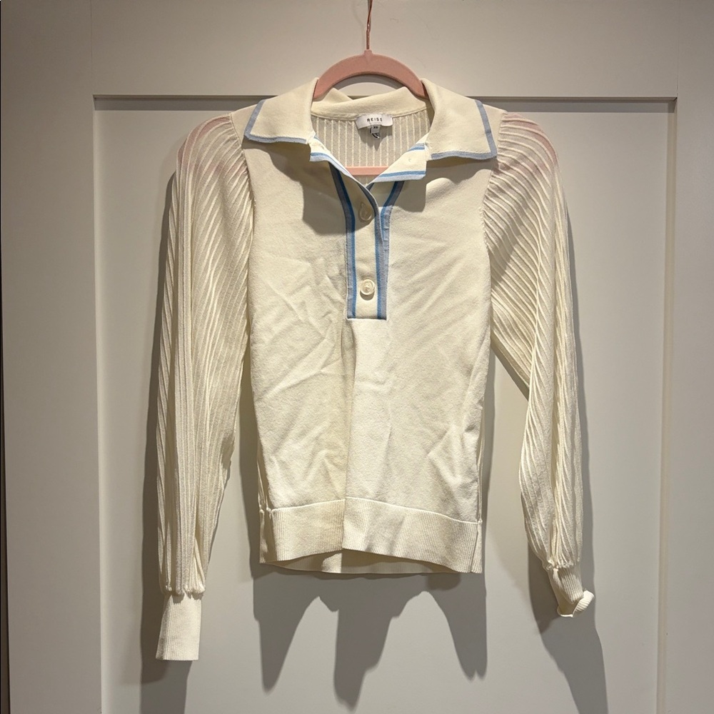 Cream Long Sleeve Polo Shirt with Blue Trim